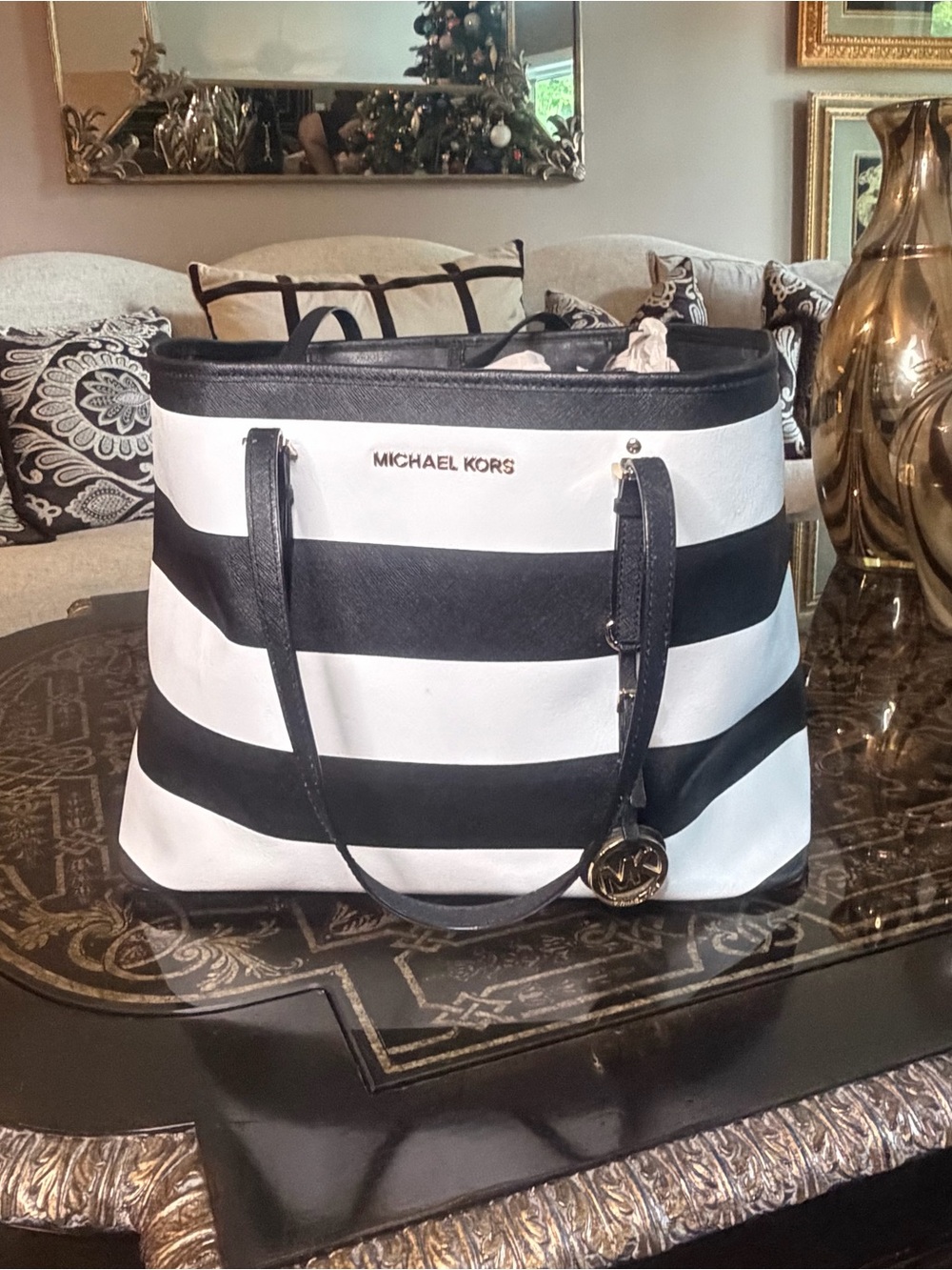 Michael Kors Black and White Horizontal Stripe Tote